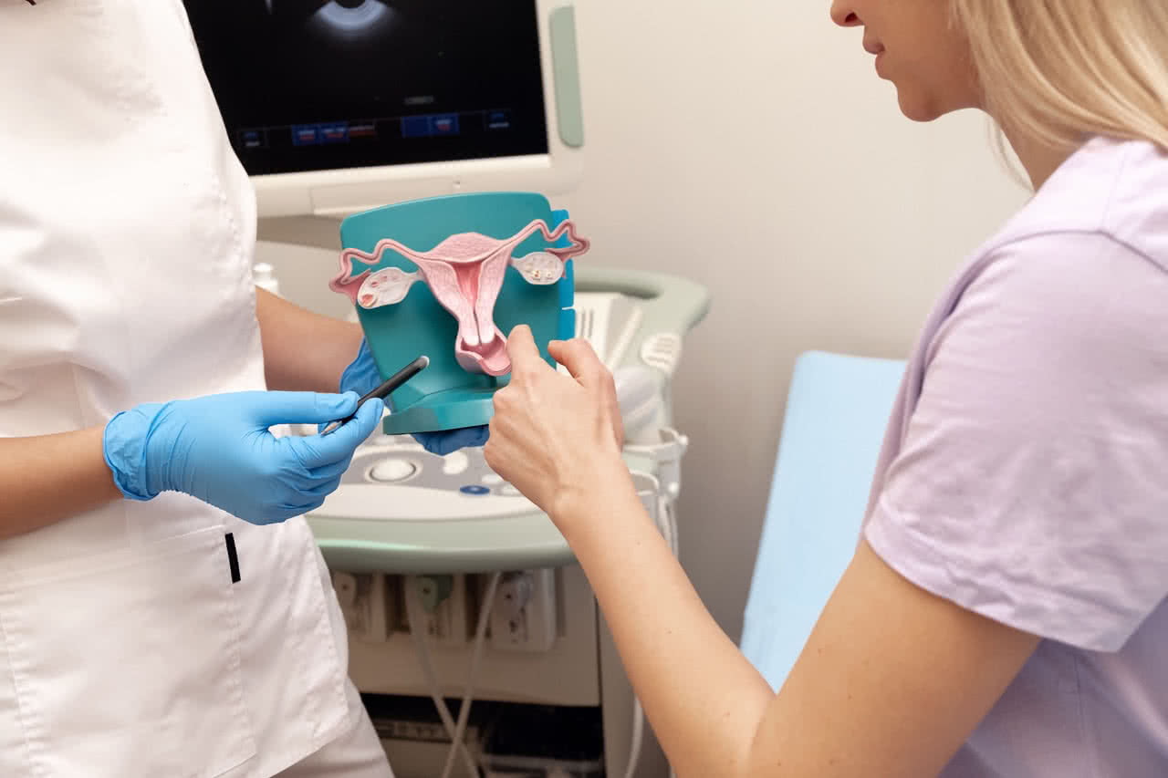 Imagem de uma ginecologista examinando uma paciente. A importância do planejamento e investigação da fertilidade na mulher. Categorias: Reprodução Humana.